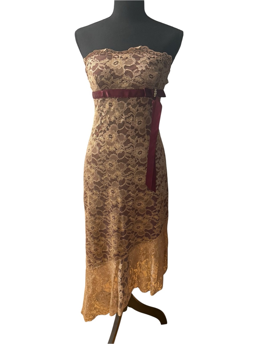 Strapless Lace Cocktail Dress with Ribbon Belt - Gold/Burgundy size 7 Vntg Y2K